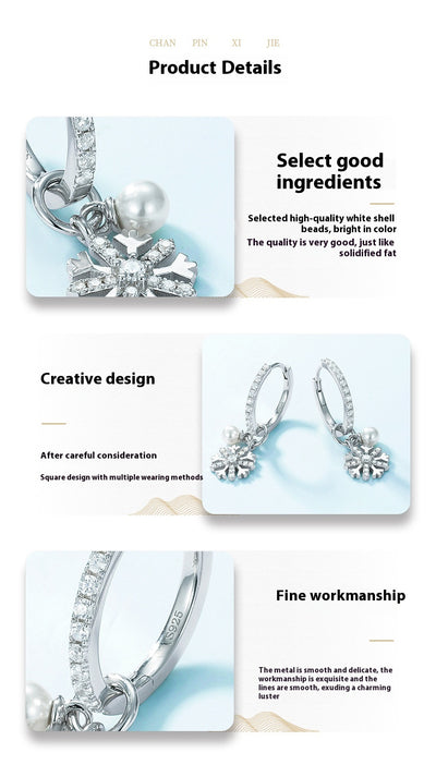Aretes de Plata S925 con Perla y Diseño de Copo de Nieve - Image 9