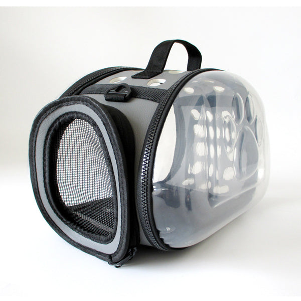 Gray and black pet carrier with a clear bubble window featuring paw prints and a mesh side for ventilation. - Image 3