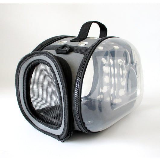 Gray and black pet carrier with a clear bubble window featuring paw prints and a mesh side for ventilation. - Image 3