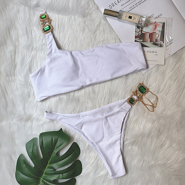 Traje de Baño Lujo con Cadena de Cristales - Bikini Asimétrico de Un Hombro Estilo Europeo - Image 6