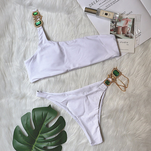 Traje de Baño Lujo con Cadena de Cristales - Bikini Asimétrico de Un Hombro Estilo Europeo - Image 6