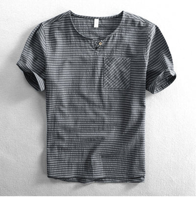 Camiseta Hombre Algodón Rayas Cuello Abierto Manga Corta Suelta Casual - Image 21
