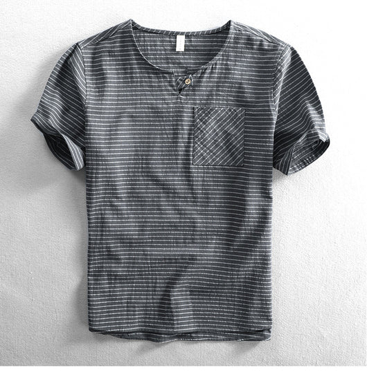 Camiseta Hombre Algodón Rayas Cuello Abierto Manga Corta Suelta Casual - Image 21