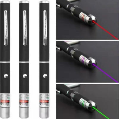 3-pack of black metal laser pointer pens, emitting red, green, and blue/purple lights, with a kitten playing.