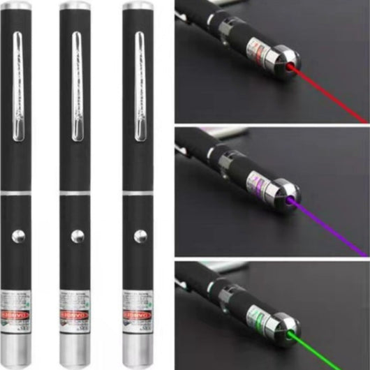 3-pack of black metal laser pointer pens, emitting red, green, and blue/purple lights, with a kitten playing.
