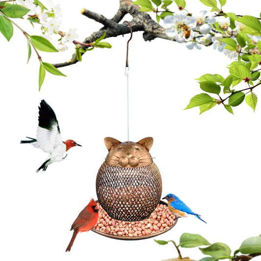 Cat-shaped vintage bronze iron bird feeder with a mesh body and round tray, designed for outdoor garden hanging.