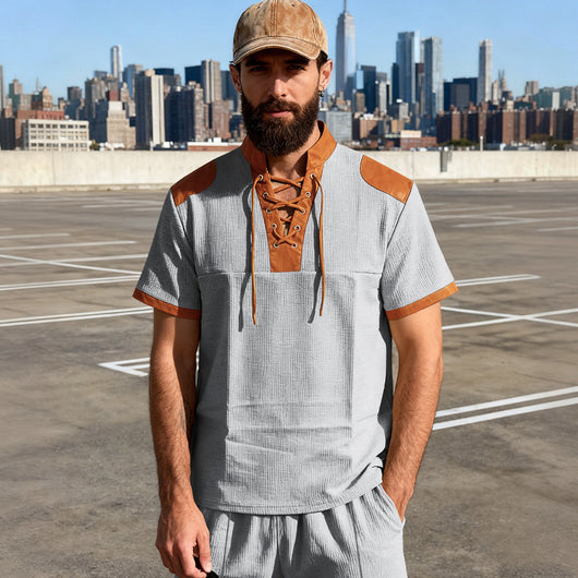 Camiseta Casual Hombre Estilo Medieval con Cuello Cordón - Image 4