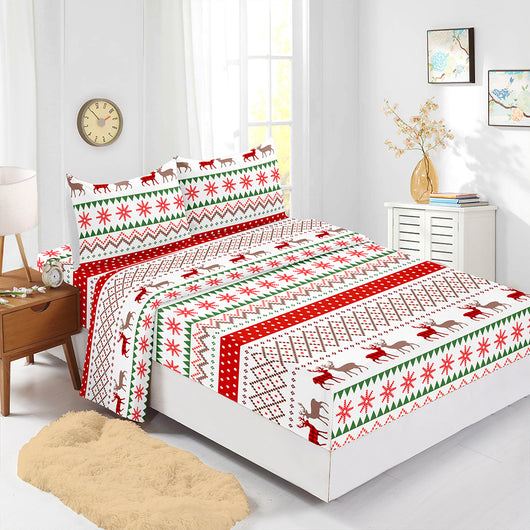 Juego de Sábanas Navideñas Ajustables Rojo - Funda de Colchón Estampada 4 Piezas - Image 12