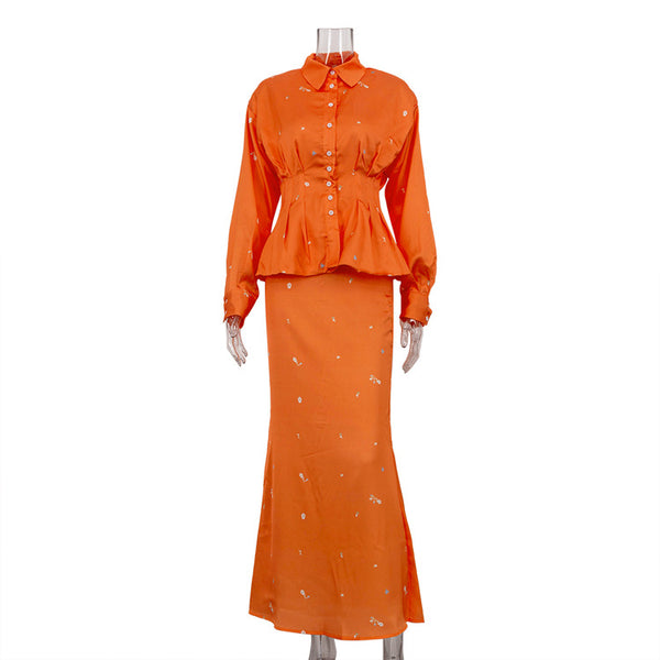Conjunto Elegante: Blusa Estampada de Manga Larga con Falda Cola de Pez - Image 6