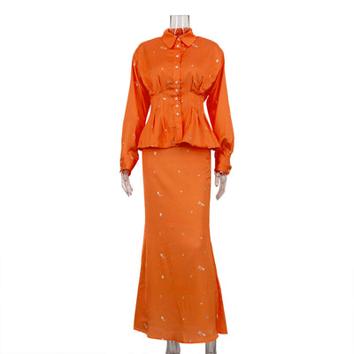 Conjunto Elegante: Blusa Estampada de Manga Larga con Falda Cola de Pez - Image 6