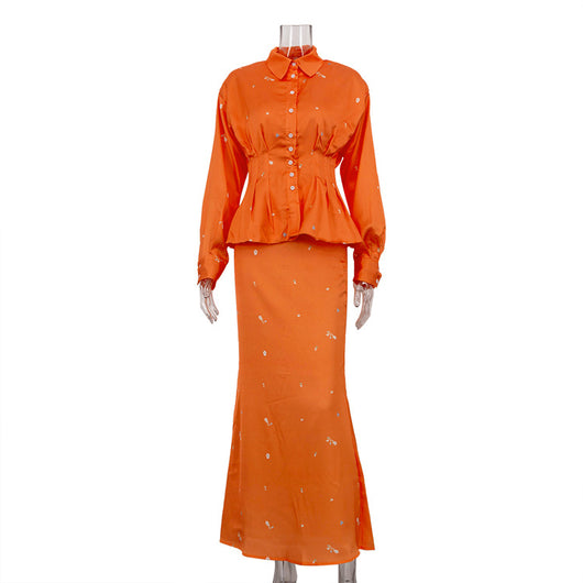 Conjunto Elegante: Blusa Estampada de Manga Larga con Falda Cola de Pez - Image 6