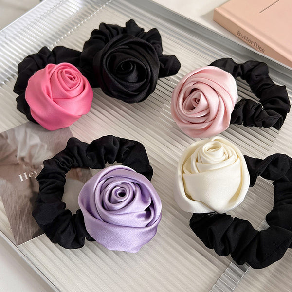 Anillo para Cabello de Satén con Rosa Hecha a Mano - Alta Elasticidad