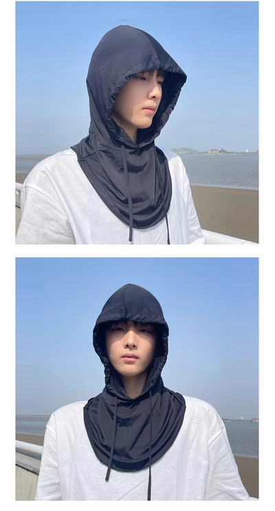 Light gray ice silk sun mask with full face coverage and an attached hood, featuring drawstrings for adjustment. - Image 9