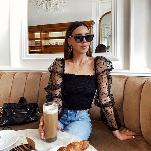 Blusa Elegante de Malla con Mangas Abullonadas y Hombros Descubiertos - Image 12