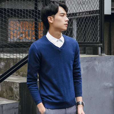 Suéter de Punto Coreano Slim Fit Cuello V Color Sólido Algodón Premium - Image 4