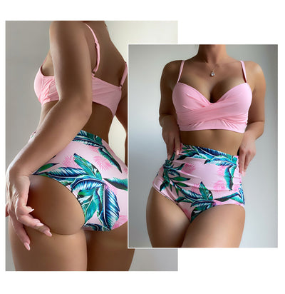 Woman wearing a bright yellow push-up bikini top and high-waisted bottoms with a green tropical leaf print. - Image 20
