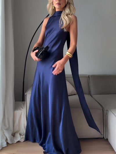Vestido Largo de Satén Azul Royal sin Mangas - Image 5