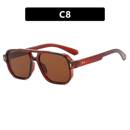 Black full-frame retro casual sunglasses with dark gray lenses and a double bridge, featuring gold accents. - Image 9