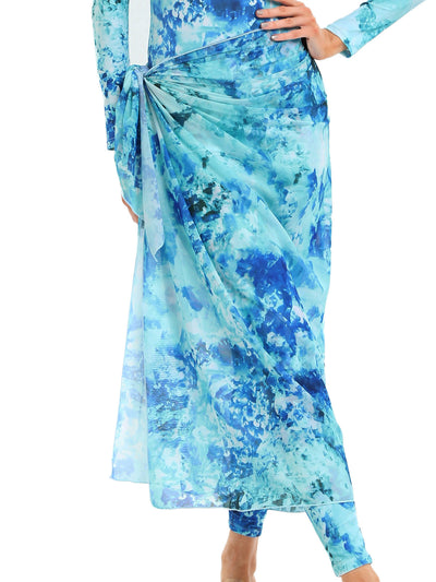 Blue tie-dye conservative beach swimsuit with long sleeves, full-length leggings, and a sheer sarong-style skirt. - Image 9