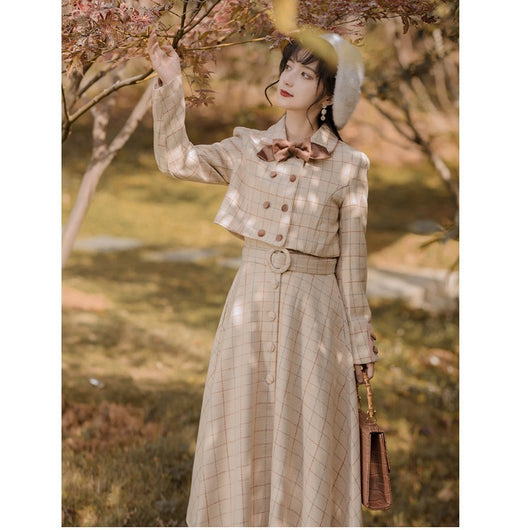 Vestido Midi Cuadros Primavera Manga Larga Elegante