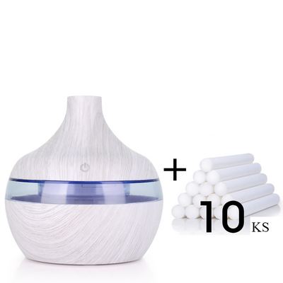 Wood grain aromatherapy USB humidifier with water drop shape, lid open, showing internal components and LED light options. - Image 9