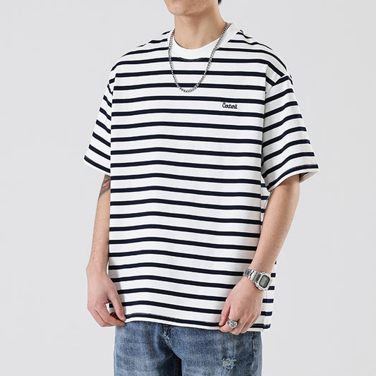 Camiseta Rayada Hombre Marca Americana - Corte Relajado Cuello Redondo