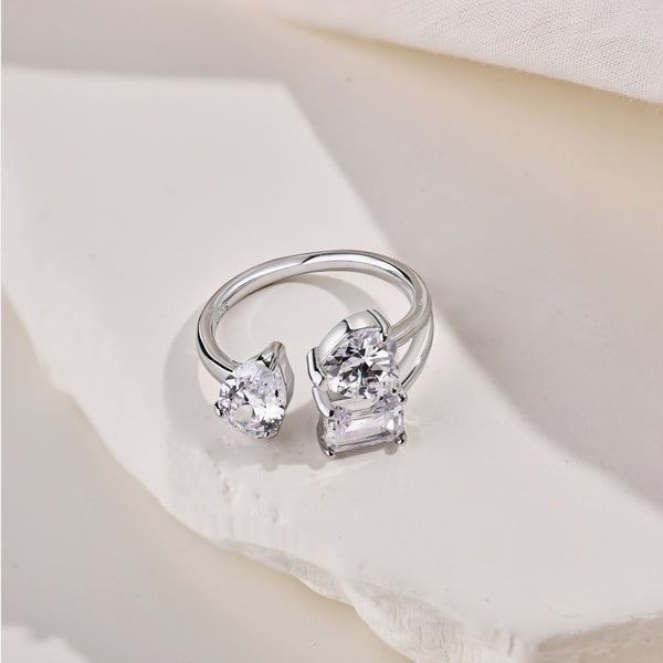 Anillo de Plata 925 para Mujer con Circonia Cúbica en Forma de Corazón y Pera