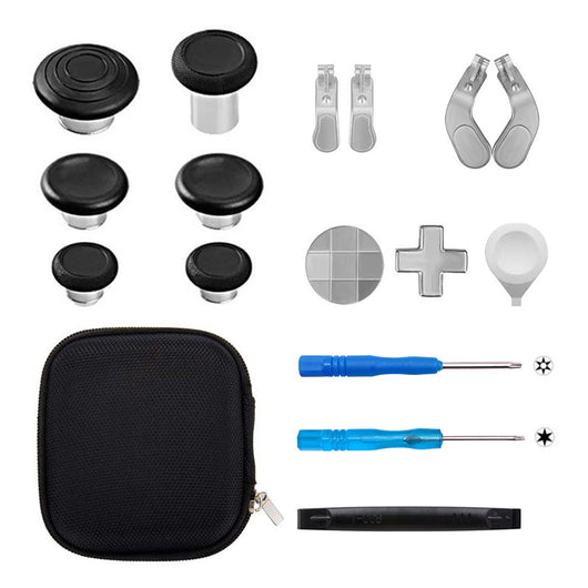 Xbox One Elite Series 2 controller accessory kit with black joysticks, silver D-pads, paddles, screwdrivers, and a storage bag. - Image 7