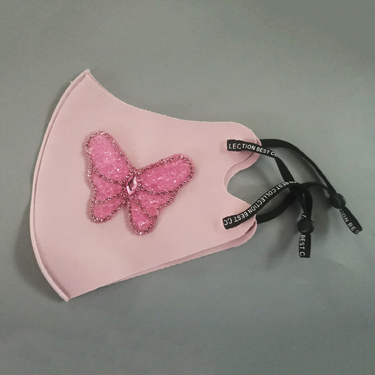 Black ear-mounted mask with a sparkling rhinestone bow pattern, featuring adjustable ear loops. - Image 12