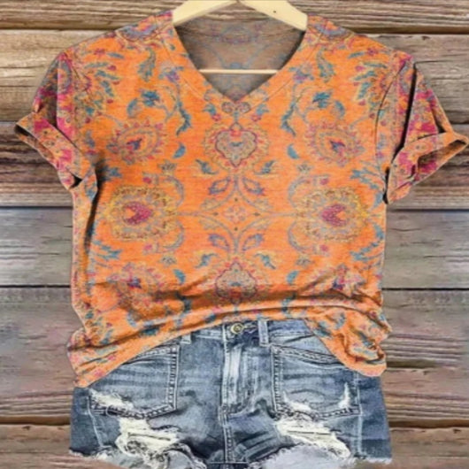 Playera Suelta de Cuello en V para Mujer con Estampado Digital 3D