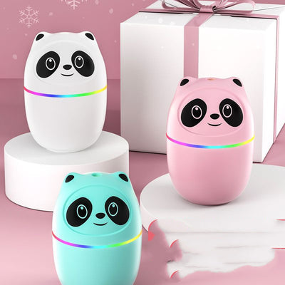 Pink panda mini humidifier with a smiling face and a rainbow LED light band around its middle. - Image 10