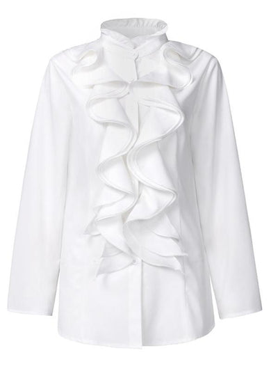 Blusa Clásica de Botones con Volantes y Colores Sólidos - Image 14
