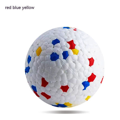 White pet ball dog toy with a textured surface, featuring scattered red, blue, and yellow hexagonal shapes. - Image 5
