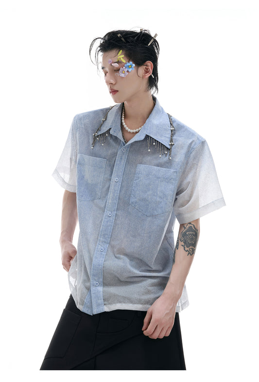 Camisa Manga Corta Hombre Degradado Azul y Blanco Oversize - Image 2