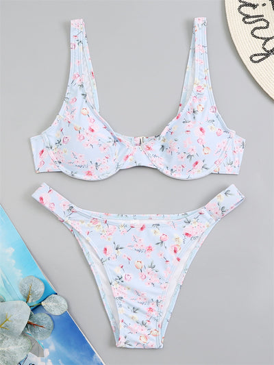 Light blue floral bikini with pink and yellow flowers, featuring an underwire top and high-cut bottom. - Image 8