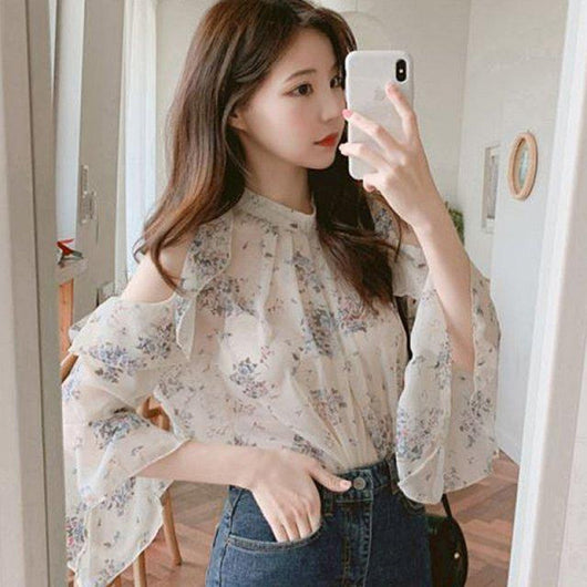 Blusa Floral Hombros Descubiertos con Mangas Acampanadas - Diseño Elegante para Primavera - Image 4