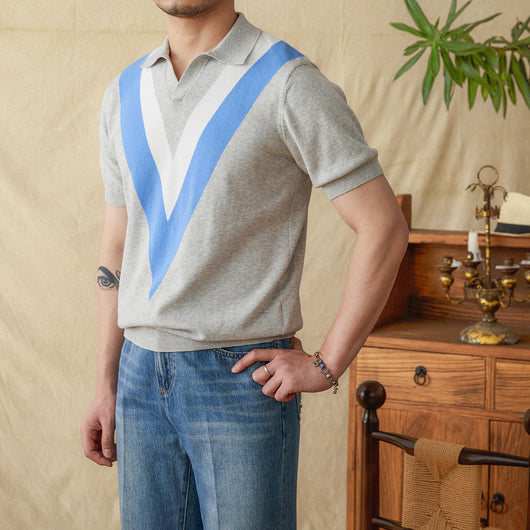 Suéter de Algodón Premium Cuello V Manga Corta Combinado - Image 8