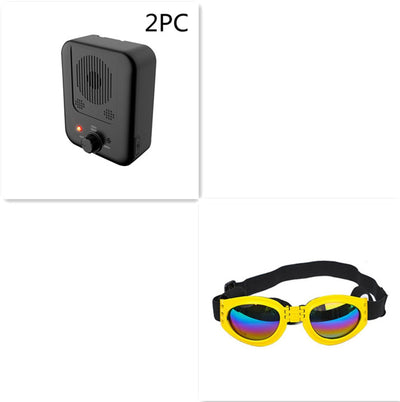 Black ultrasonic anti-barking device with a red light and a control knob, next to yellow pet goggles with rainbow lenses. - Image 9