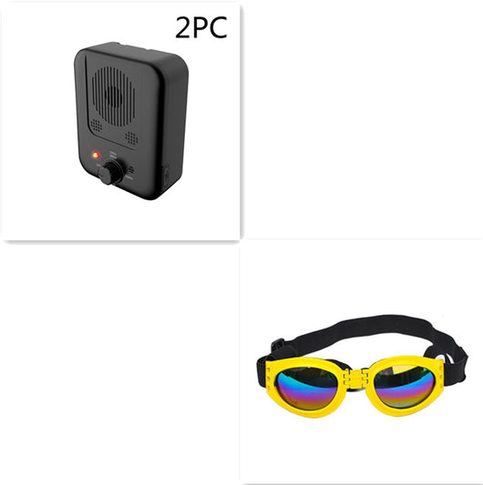 Black ultrasonic anti-barking device with a red light and a control knob, next to yellow pet goggles with rainbow lenses. - Image 9