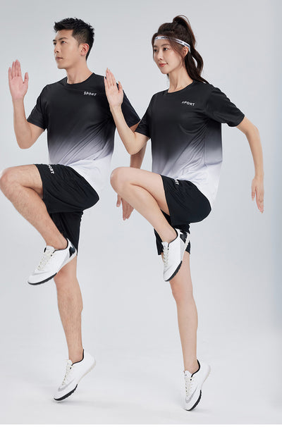 Purple and white gradient short-sleeve t-shirt with 'SPORT' text and black athletic shorts for women. - Image 33