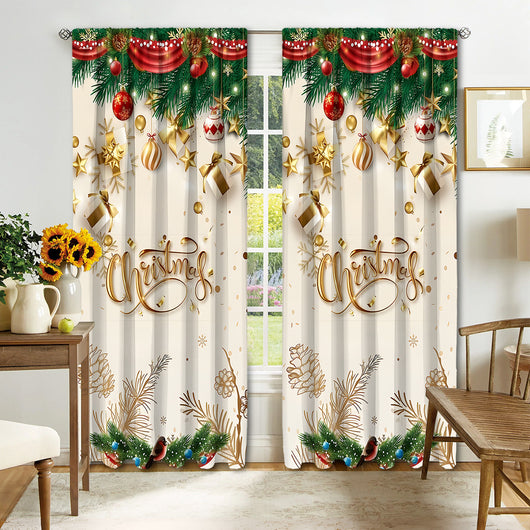 Digital printed Christmas curtains with a festive garland design, red ornaments, bows, and berries, on a white background. - Image 17
