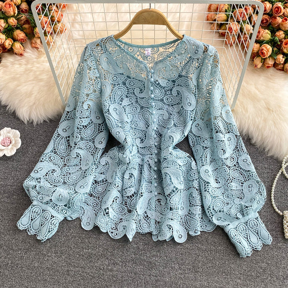 Blusa Retro Cuello Redondo con Encaje Calado