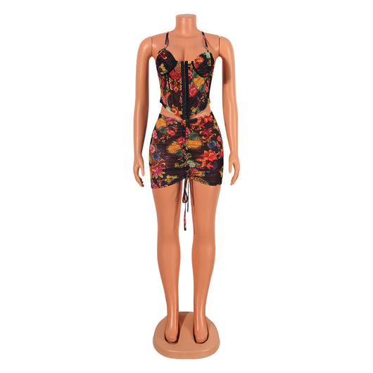 Conjunto Atrevido de Falda Corta con Tirantes de Malla Estampada - Image 13