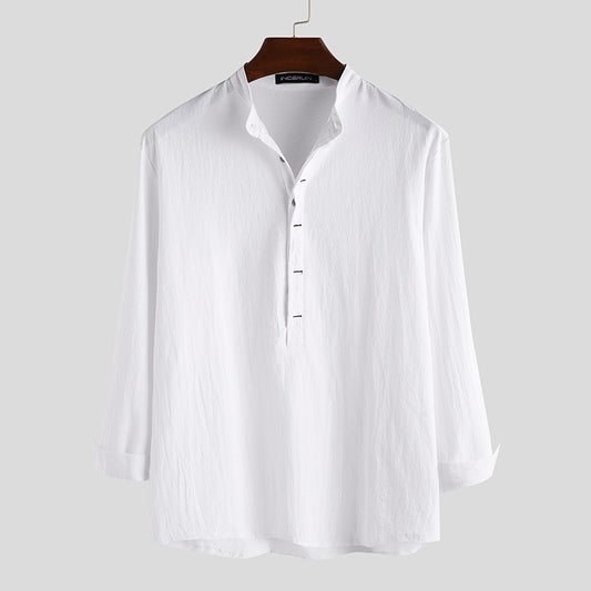 Camisa Holgada de Algodón y Lino Color Sólido Manga Larga