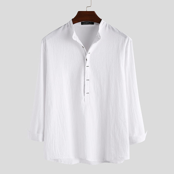 Camisa Holgada de Algodón y Lino Color Sólido Manga Larga