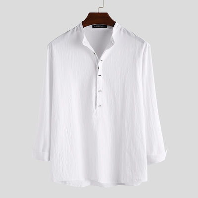 Camisa Holgada de Algodón y Lino Color Sólido Manga Larga