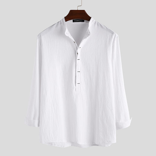 Camisa Holgada de Algodón y Lino Color Sólido Manga Larga