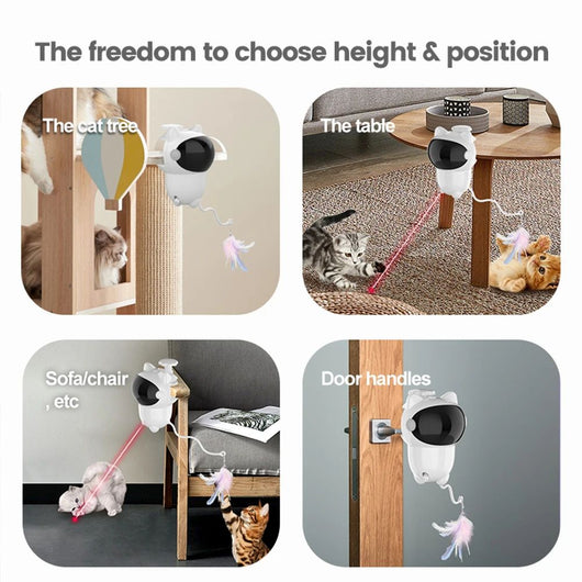 White cat-shaped intelligent laser toy with a black visor and a colorful feather wand attachment for pets. - Image 4