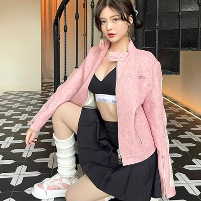 Chaqueta de Cuero Rosa con Cierre y Costuras Decorativas