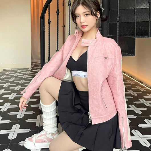 Chaqueta de Cuero Rosa con Cierre y Costuras Decorativas